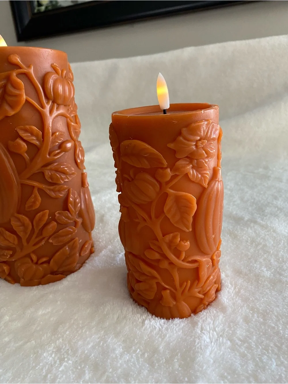 Decorative Fall Terracotta Orange Carved Pillar Candles - Set of 3